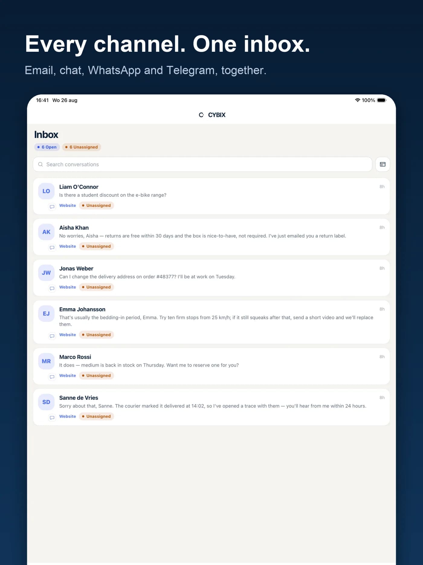 CYBIX iPad app: inbox and conversation side by side