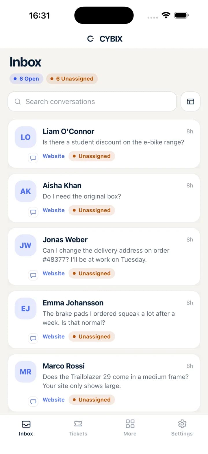 CYBIX iPhone app: the shared inbox with open conversations