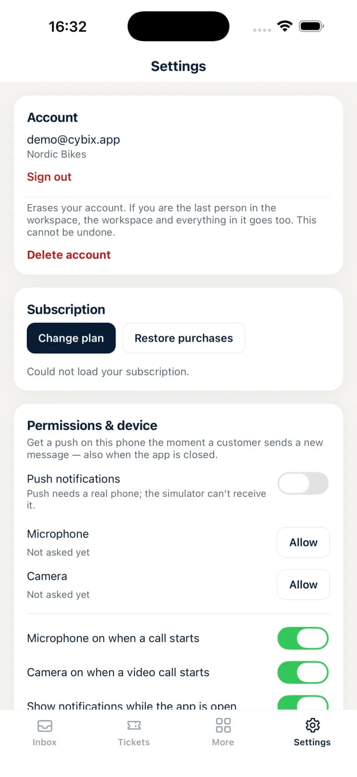 CYBIX iPhone app: Settings